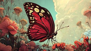 梦幻花丛中的红蝶飞舞