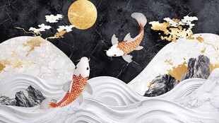 金鲤跃浪伴月中式图景