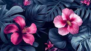 梦幻粉槿与深绿阔叶图案