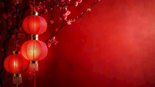喜庆红灯笼装点红梅背景