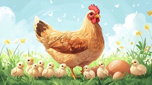 母鸡与雏鸡在田园的温馨场景