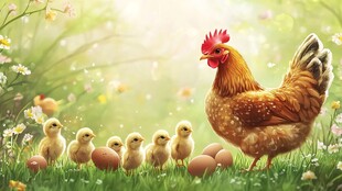 母鸡带小鸡的温馨田园画面