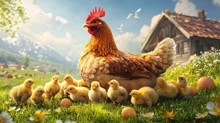 母鸡护雏于田园美景中