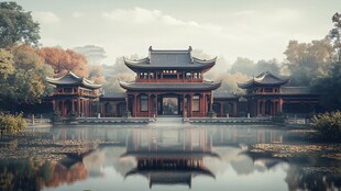 中式古典园林湖畔美景