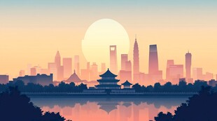 城市与古建筑的黄昏美景