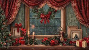 圣诞窗边温馨节日装饰场景