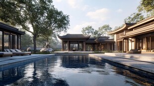 中式庭院泳池静谧景致