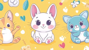 可爱萌宠猫咪兔子插画