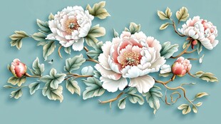 蓝底立体中式牡丹花卉图