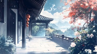 古雅廊亭 繁花相伴之景