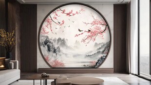 中式客厅的圆形山水花鸟壁画
