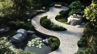 蜿蜒石径的静谧花园景观