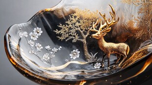 金鹿花卉纹玻璃艺术盘