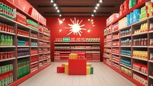 红色系超市内景陈列展示