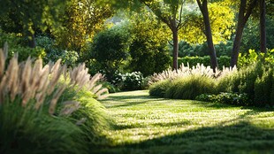 阳光洒落的静谧园林小径