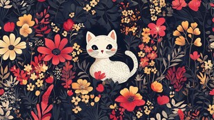 花丛中的可爱小白猫