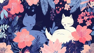 猫咪在花丛中的梦幻图景