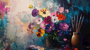 多彩花卉与画具的艺术场景