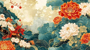 国潮花卉锦鲤山水插画