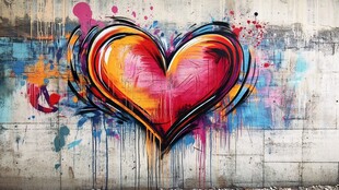 彩色涂鸦爱心墙面艺术