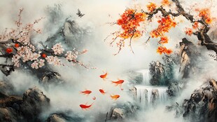 水墨山水间的灵动金鱼景