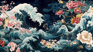 海浪繁花交织的国风画卷