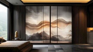 中式卧室的雅致山水屏风