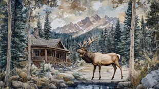 林间小屋旁的雄鹿