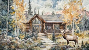 秋日林间木屋与麋鹿美景