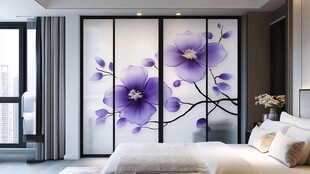 卧室紫色花卉玻璃隔断设计