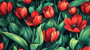 鲜艳红郁金香绿叶簇拥