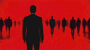 红色背景下的孤独商务身影