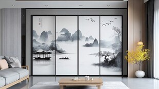 中式山水屏风客厅装饰图