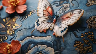 中式浮雕上的精美彩蝶