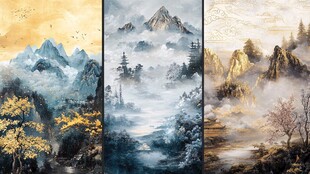 三联山水墨画意境风光图