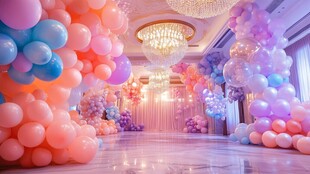 梦幻多彩气球装饰的宴会厅