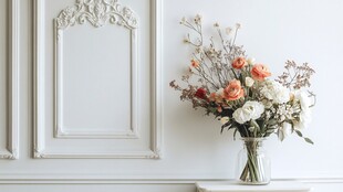 白色墙边花瓶中的多彩花束