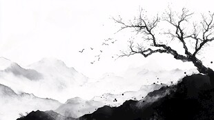 水墨孤树远山意境图