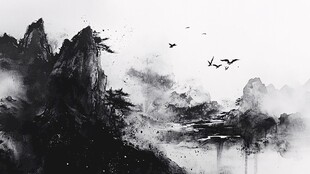 水墨山水间飞鸟伴奇峰