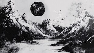 黑白山水间的神秘圆月