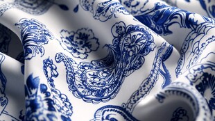 蓝白青花瓷纹丝绸布料