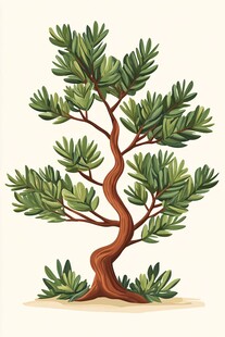 弯曲枝干的翠绿针叶树