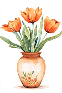 橙色郁金香插于花纹陶瓶