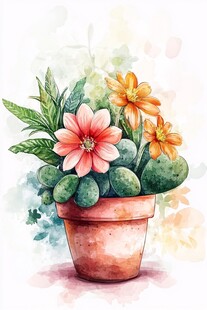 水彩风花盆中的多彩花卉