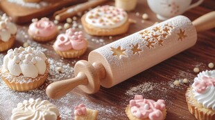 精致烘焙糕点与花纹擀面杖