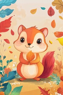可爱松鼠拥抱秋叶的秋日场景