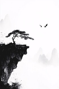 悬崖孤松飞鸟水墨意境图