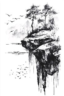水墨悬崖松景