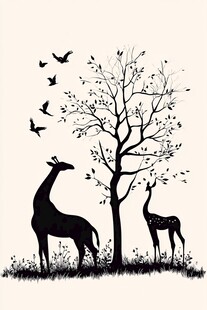 长颈鹿与小鹿的静谧树旁景