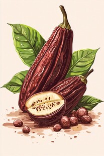 可可豆荚与果实的水彩画